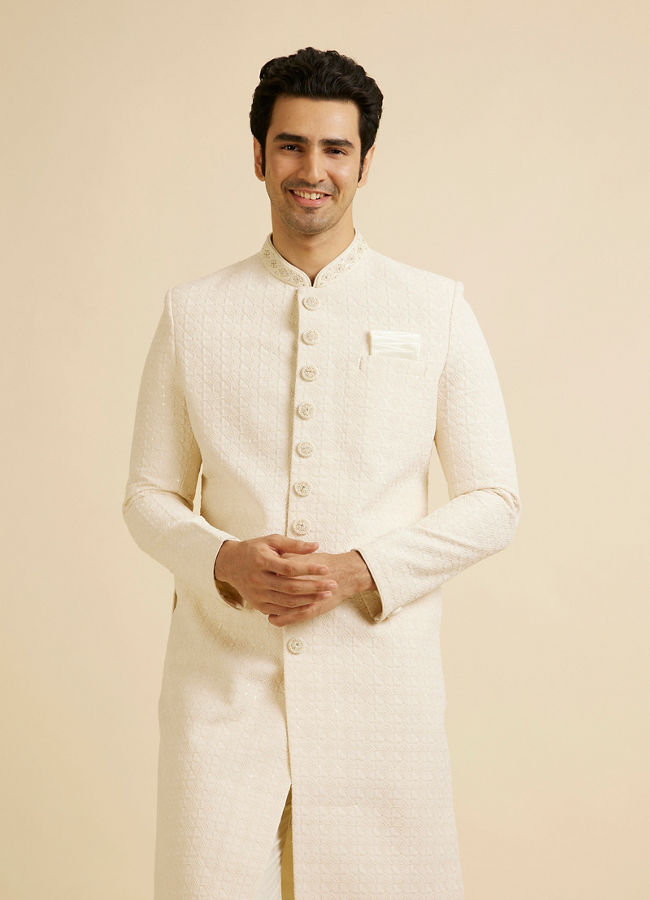 alt message - Manyavar Men Cream Jaal Patterned Sherwani Set image number 0