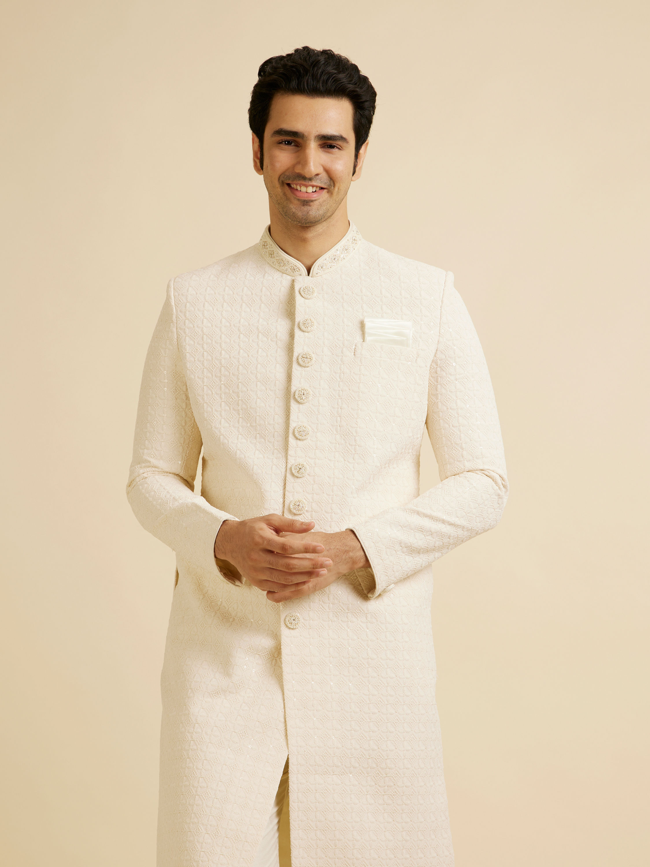 Manyavar Men Cream Jaal Patterned Sherwani Set