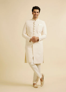 alt message - Manyavar Men Cream Jaal Patterned Sherwani Set image number 2