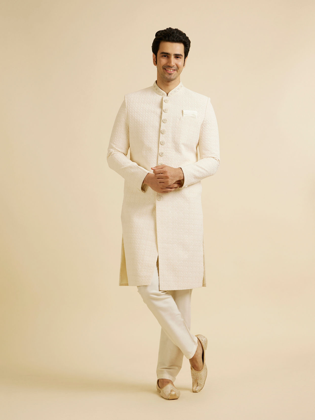 Manyavar Men Cream Jaal Patterned Sherwani Set