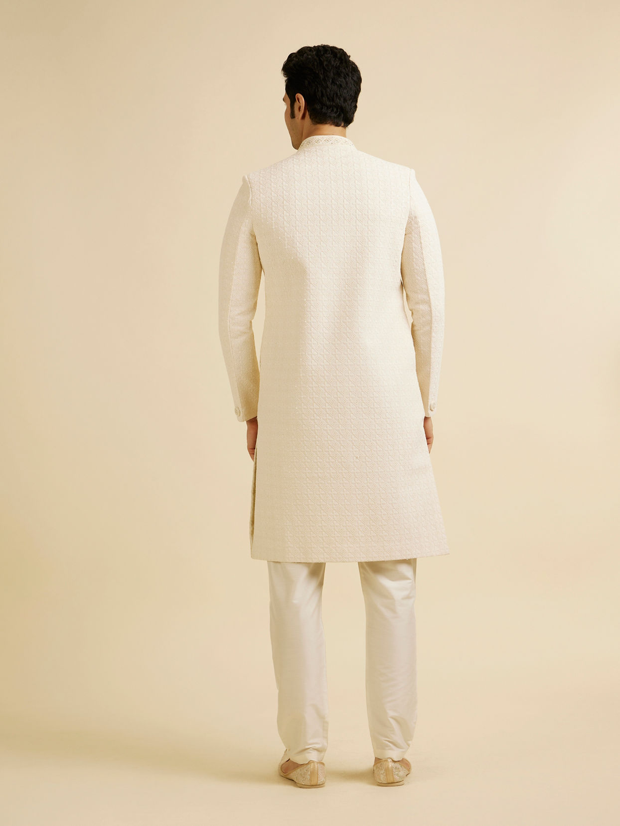 Manyavar Men Cream Jaal Patterned Sherwani Set