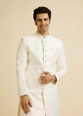 alt message - Manyavar Men Cream Jaal Patterned Sequinned Sherwani Set image number 0