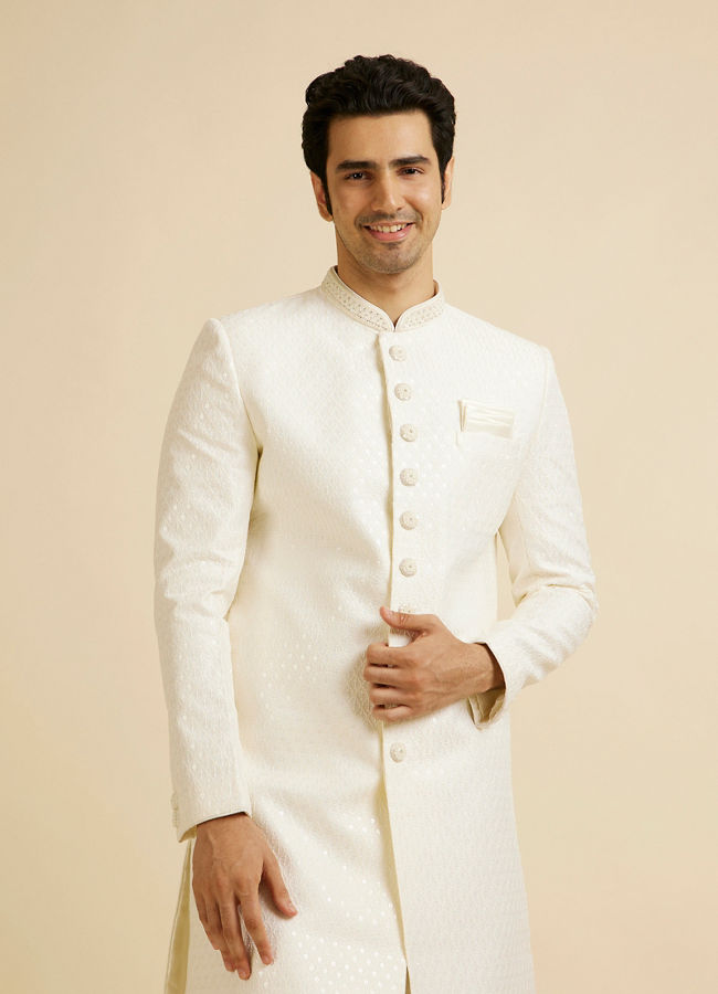 alt message - Manyavar Men Cream Jaal Patterned Sequinned Sherwani Set image number 0