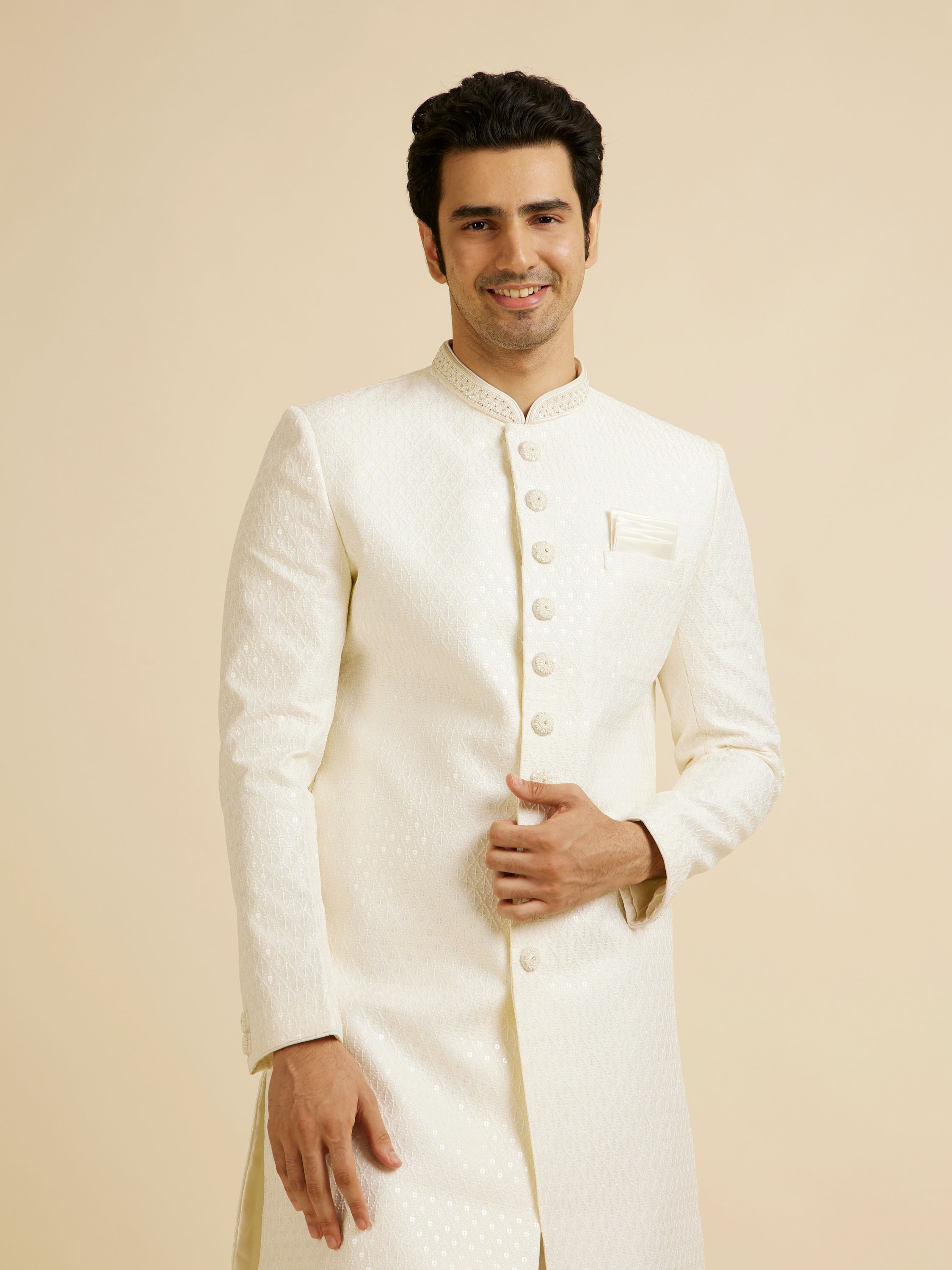 Manyavar Men Cream Jaal Patterned Sequinned Sherwani Set