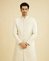 Manyavar Men Warm White Scallop Patterned Sherwani Set with Rhinestone Work