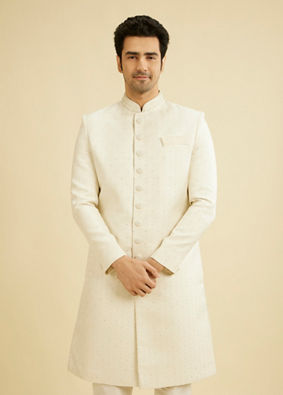 Manyavar Men Warm White Scallop Patterned Sherwani Set with Rhinestone Work