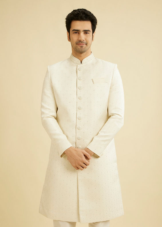 Manyavar Men Warm White Scallop Patterned Sherwani Set with Rhinestone Work
