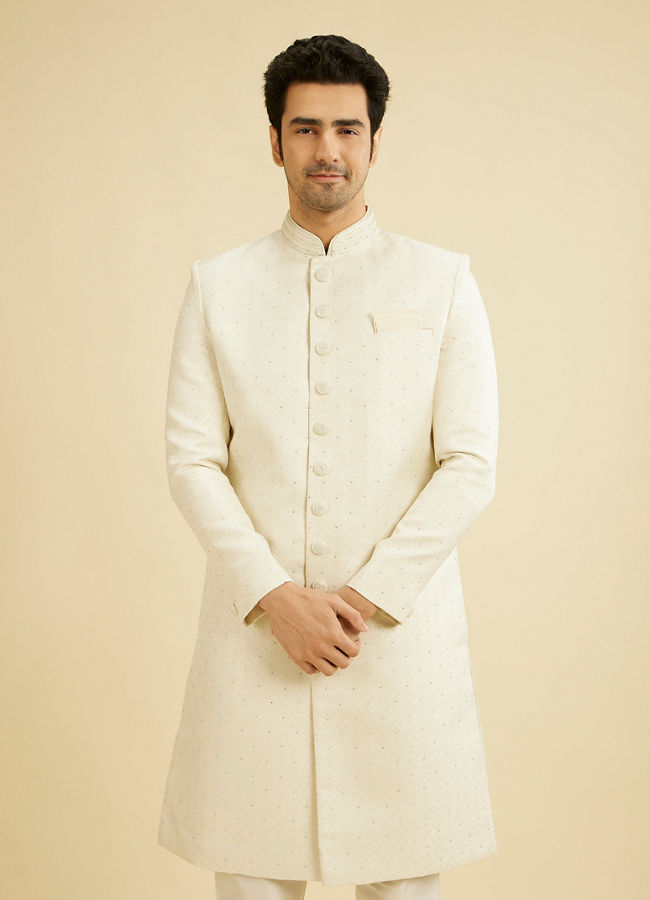 Manyavar Men Warm White Scallop Patterned Sherwani Set with Rhinestone Work