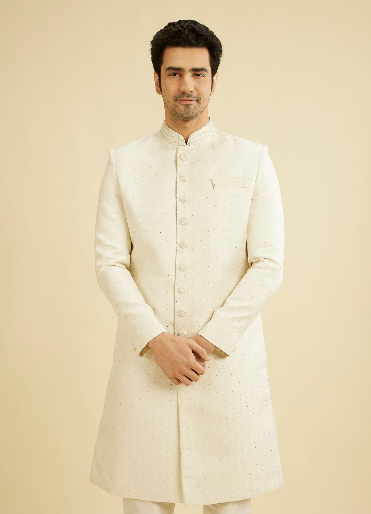 Manyavar Men Warm White Scallop Patterned Sherwani Set with Rhinestone Work