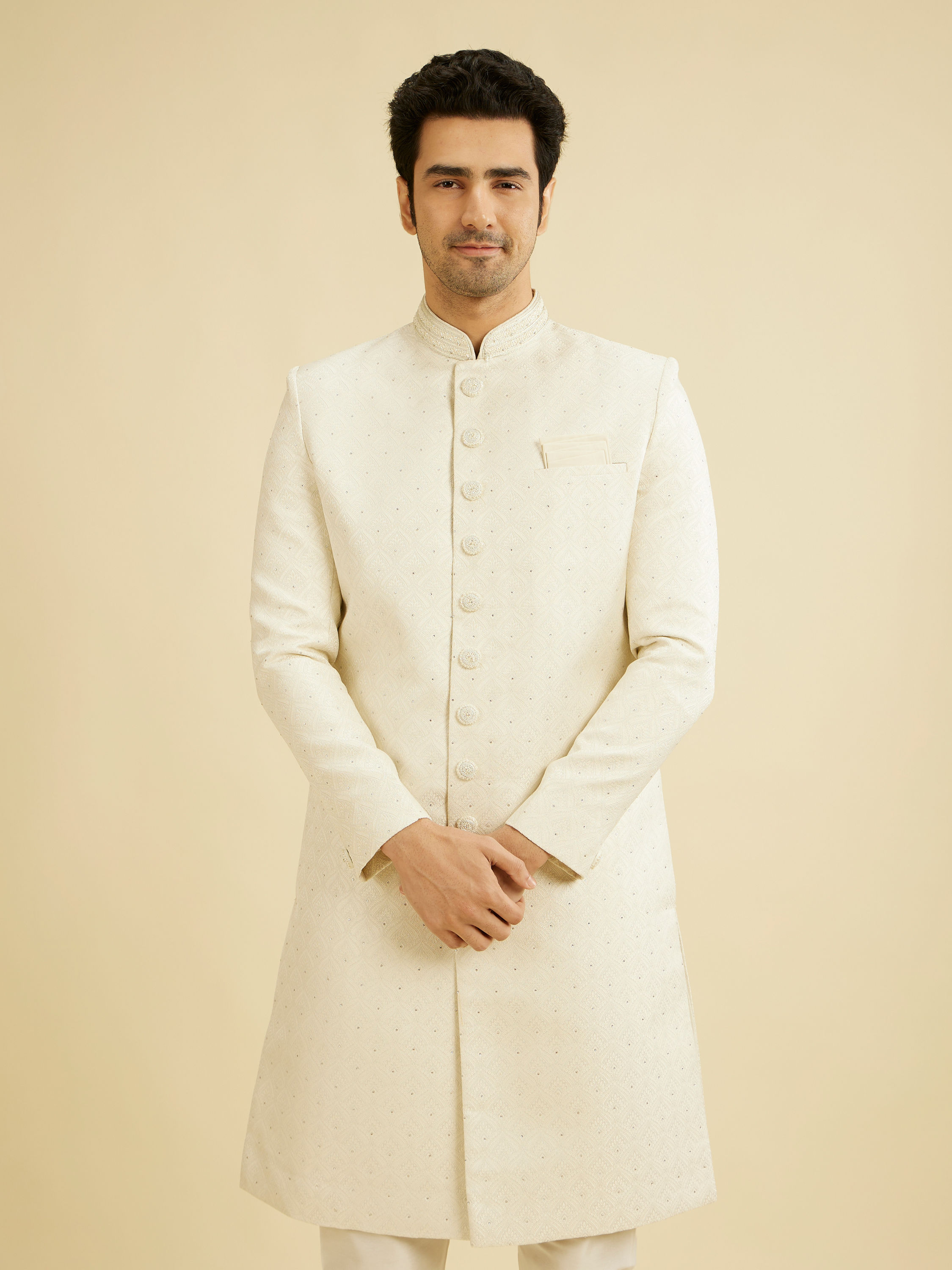 Manyavar Men Warm White Scallop Patterned Sherwani Set with Rhinestone Work