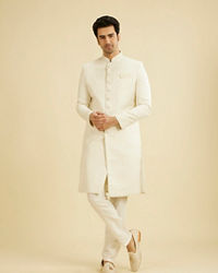 Manyavar Men Warm White Scallop Patterned Sherwani Set with Rhinestone Work