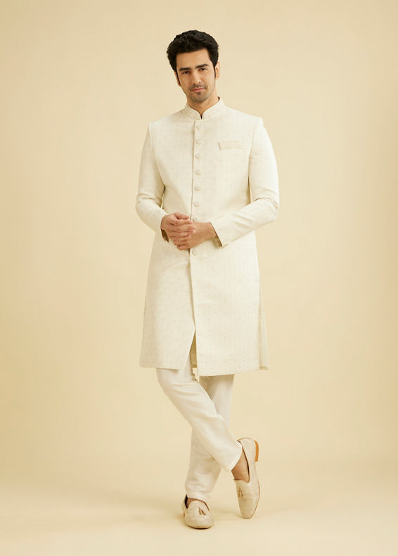 Manyavar Men Warm White Scallop Patterned Sherwani Set with Rhinestone Work