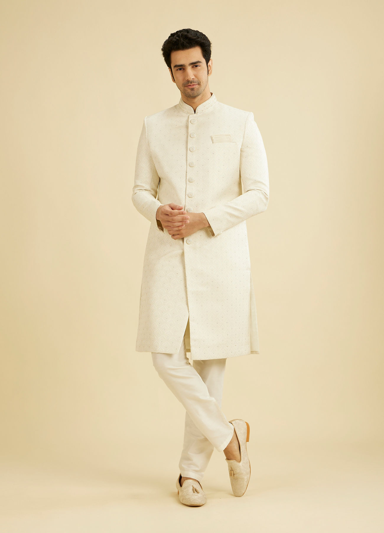 Manyavar Men Warm White Scallop Patterned Sherwani Set with Rhinestone Work