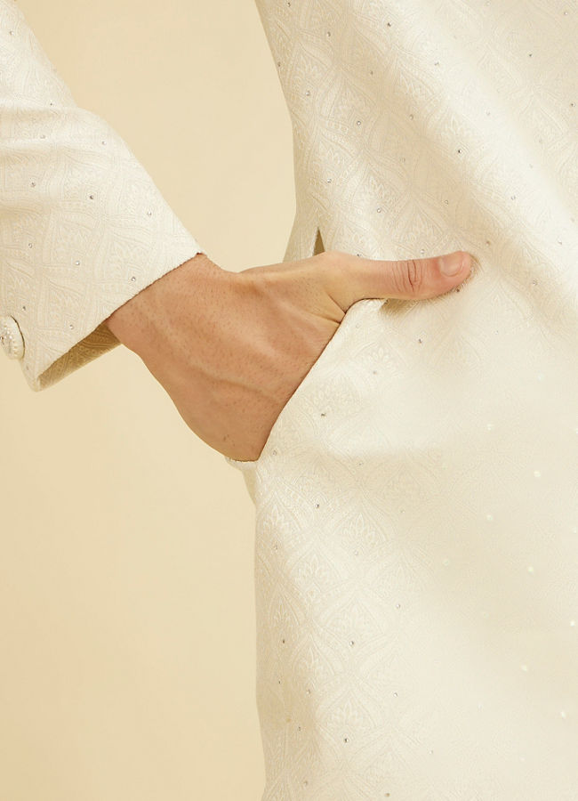 Manyavar Men Warm White Scallop Patterned Sherwani Set with Rhinestone Work