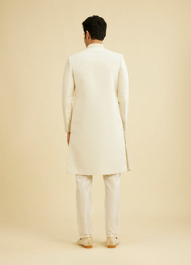 Manyavar Men Warm White Scallop Patterned Sherwani Set with Rhinestone Work