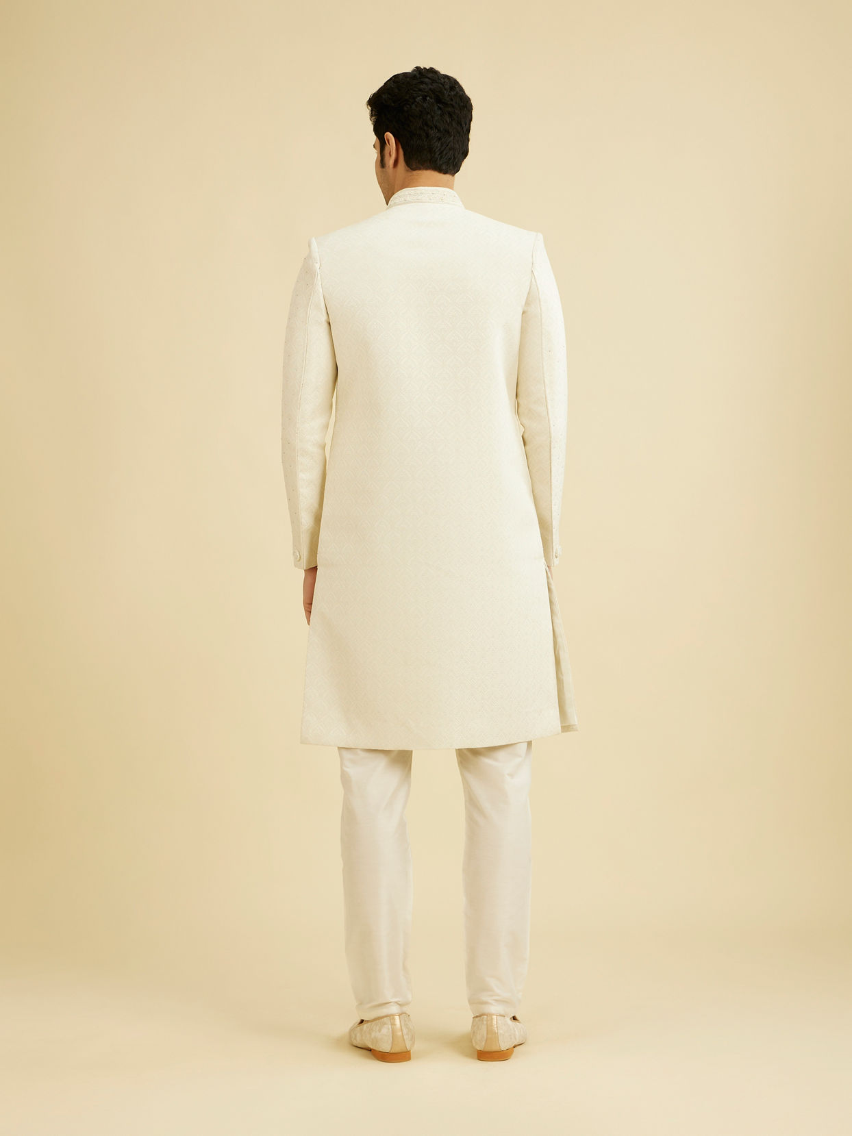Manyavar Men Warm White Scallop Patterned Sherwani Set with Rhinestone Work