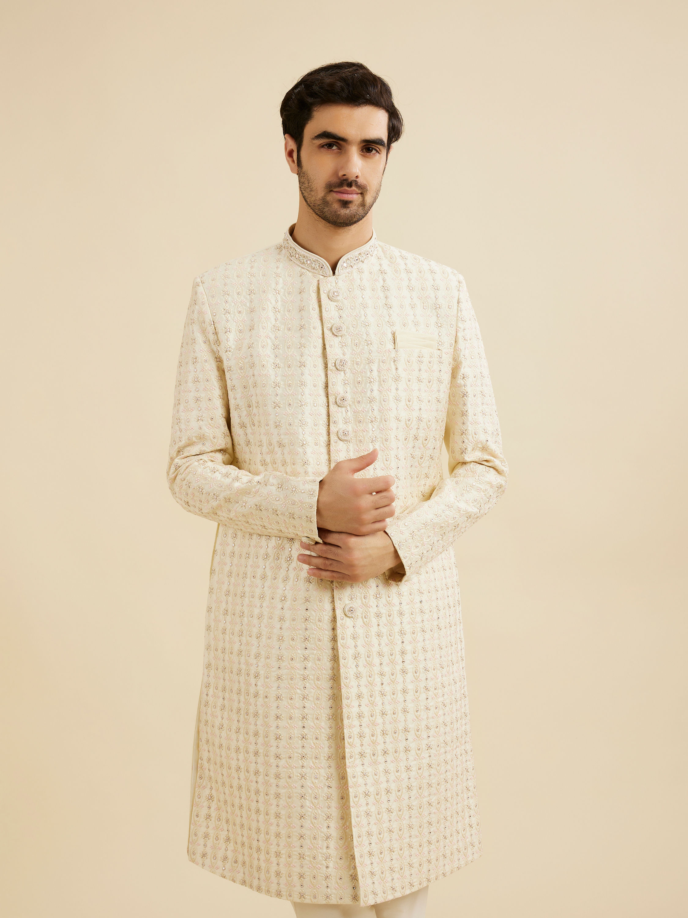 Manyavar Men Cream White Petal String Patterned Sherwani Set with Mirror Work