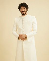 Manyavar Men Warm White Lattice Patterned Sequinned Sherwani Set