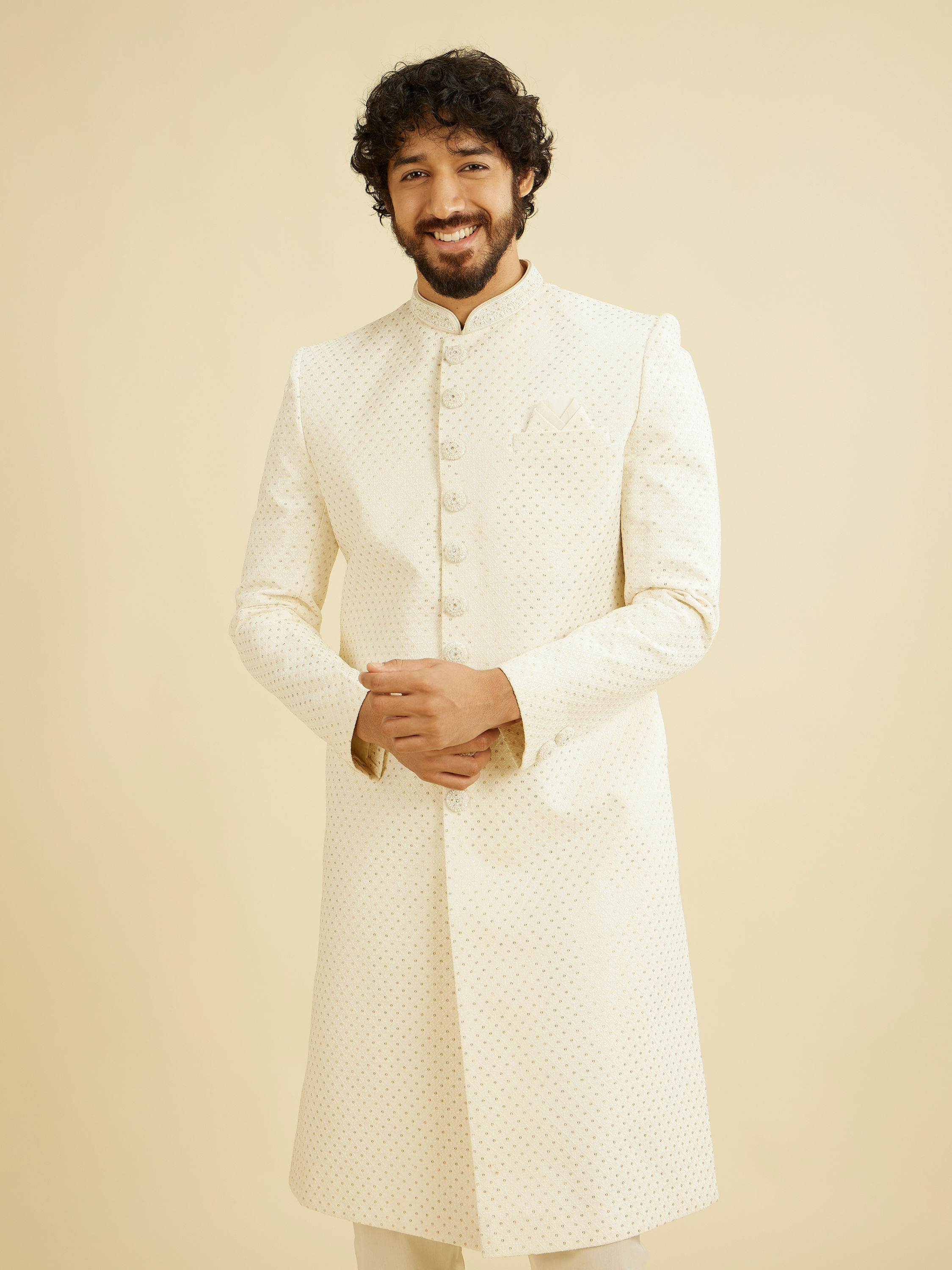 Manyavar Men Warm White Lattice Patterned Sequinned Sherwani Set