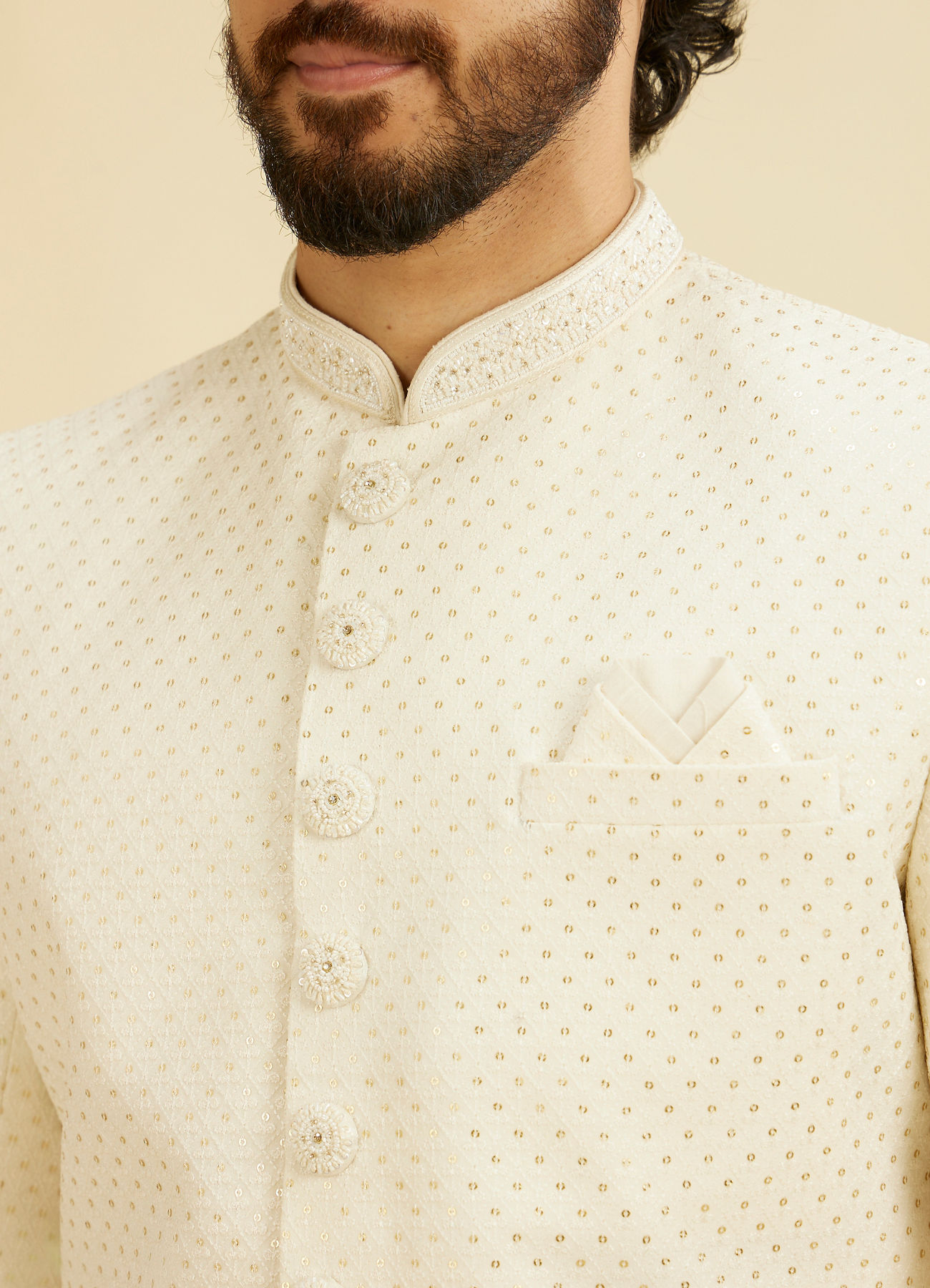 Manyavar Men Warm White Lattice Patterned Sequinned Sherwani Set