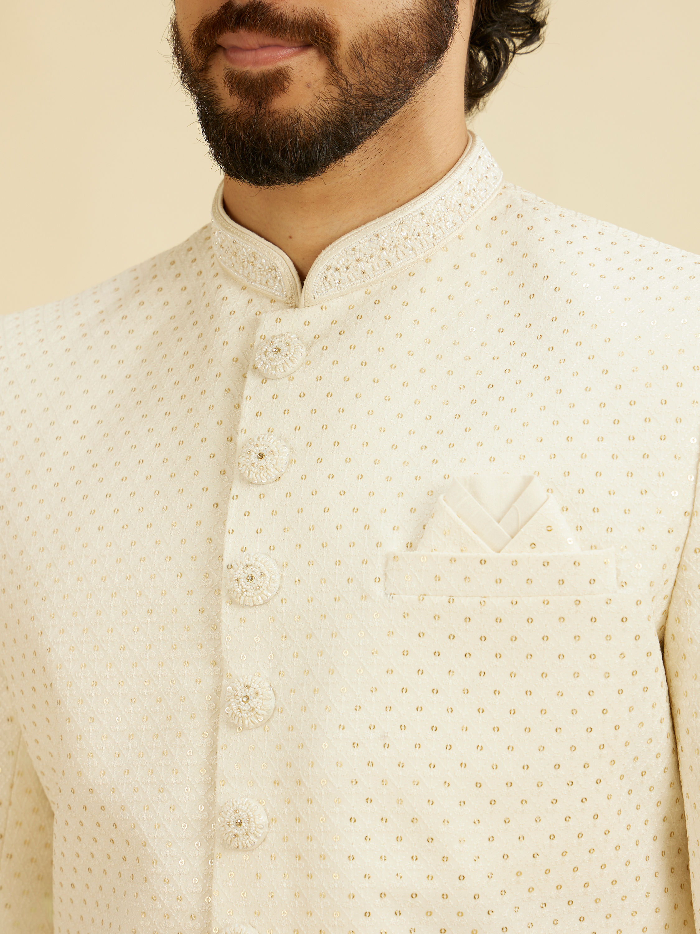 Manyavar Men Warm White Lattice Patterned Sequinned Sherwani Set