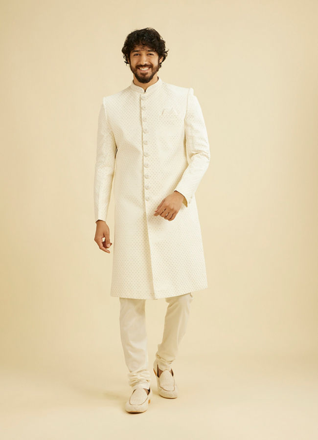 Manyavar Men Warm White Lattice Patterned Sequinned Sherwani Set