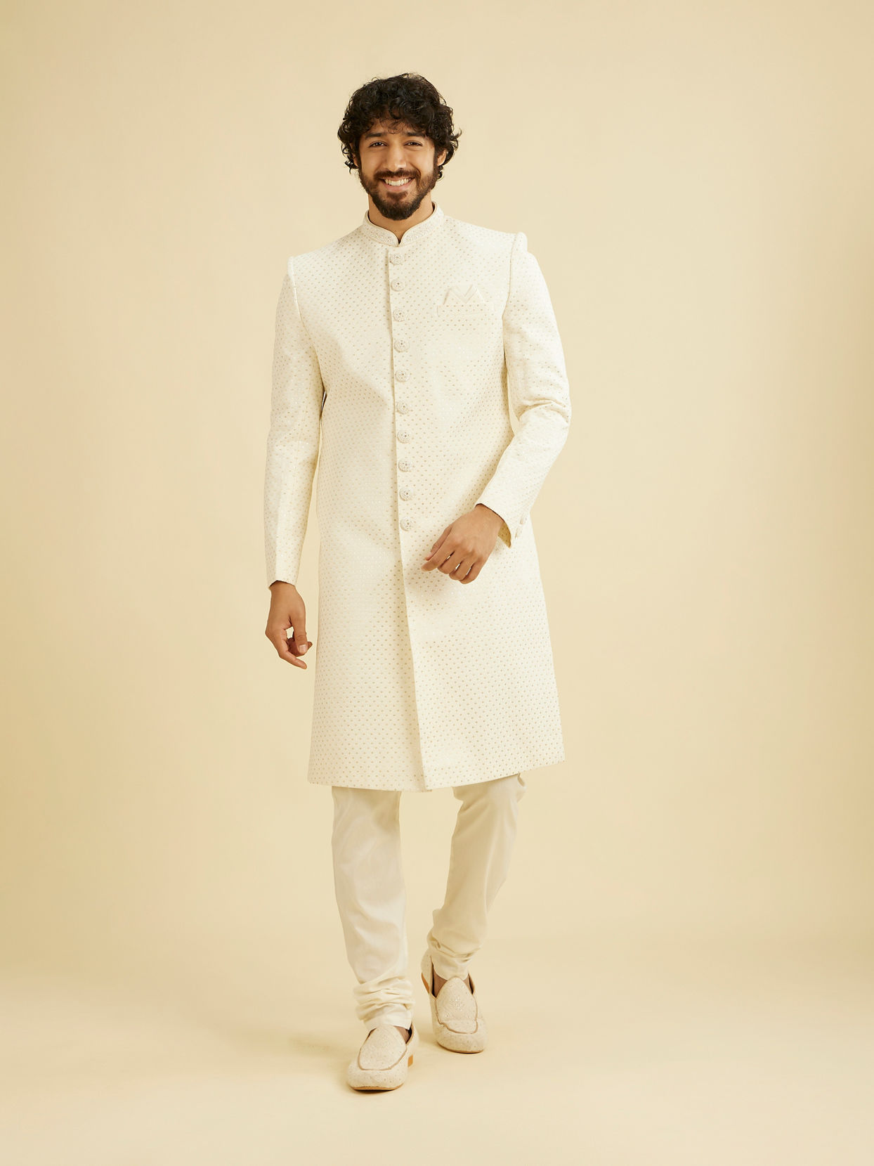 Manyavar Men Warm White Lattice Patterned Sequinned Sherwani Set
