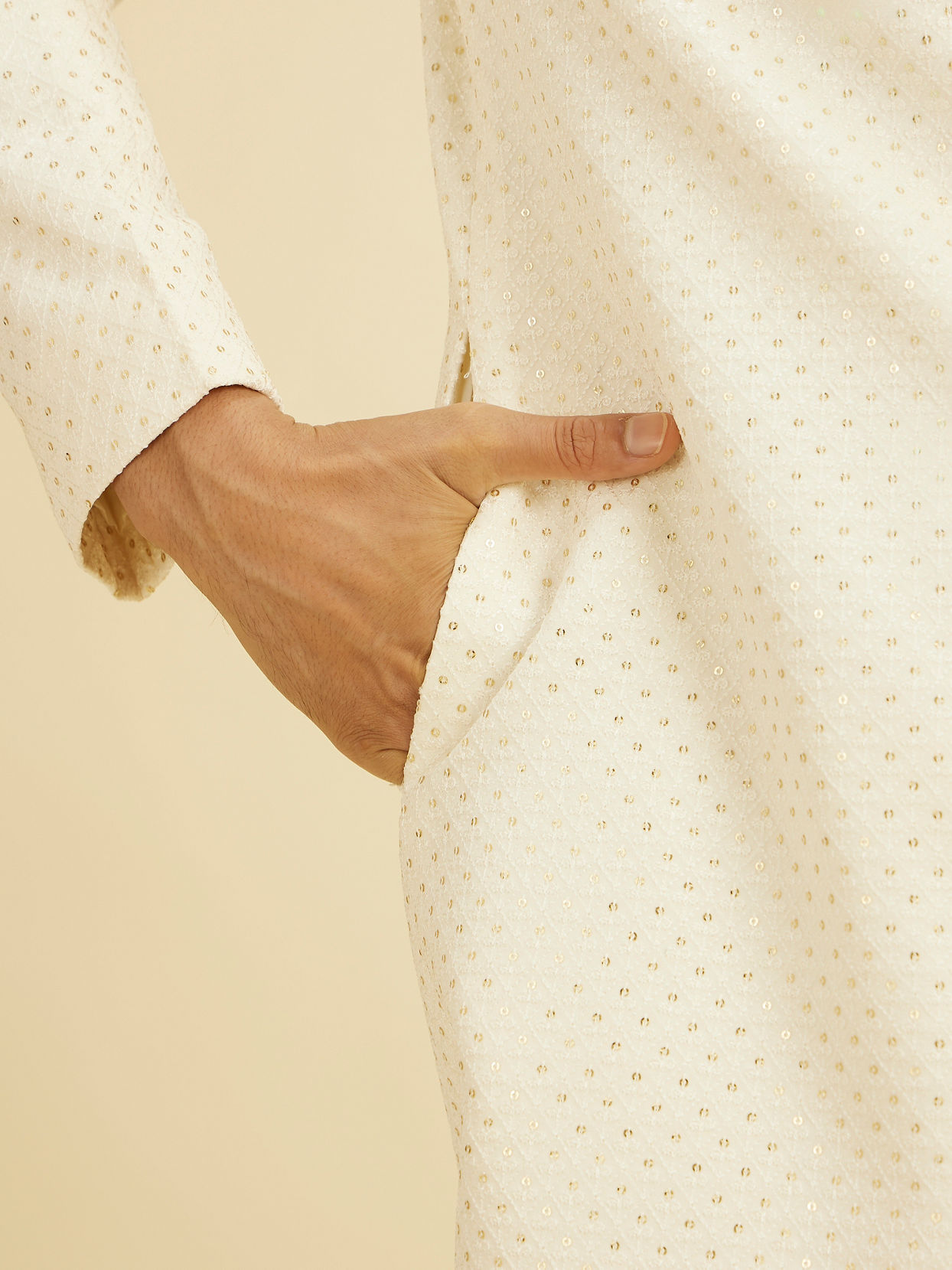 Manyavar Men Warm White Lattice Patterned Sequinned Sherwani Set