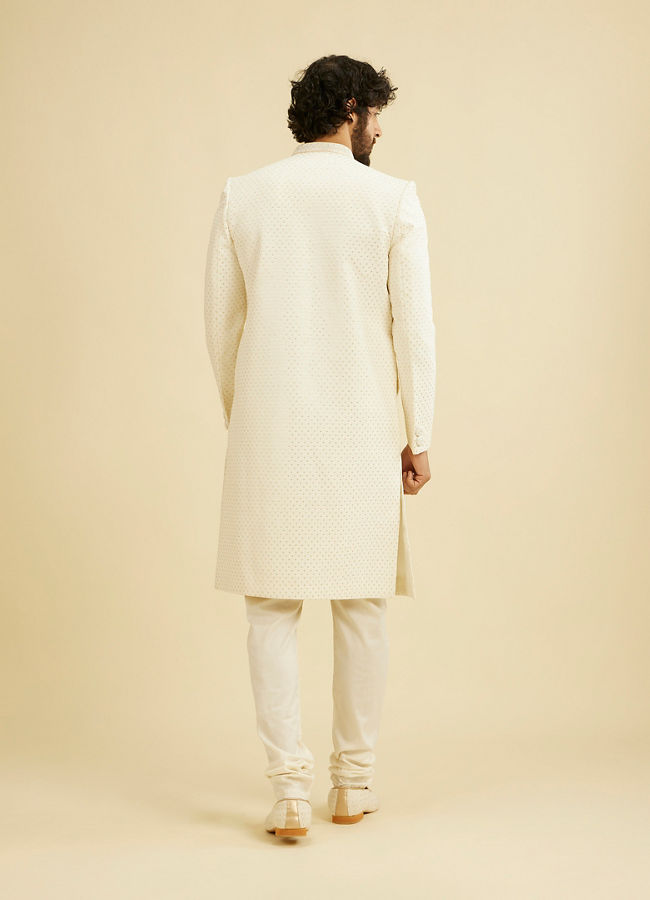 Manyavar Men Warm White Lattice Patterned Sequinned Sherwani Set