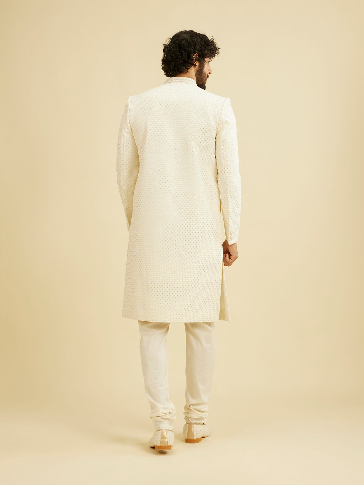 Manyavar Men Warm White Lattice Patterned Sequinned Sherwani Set