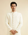 Cream White Lattice Patterned Sherwani Set with Rhinestones