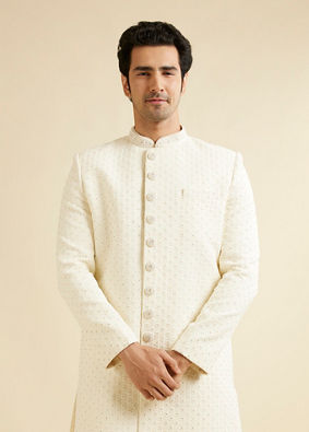Manyavar Men Cream White Lattice Patterned Sherwani Set with Rhinestones