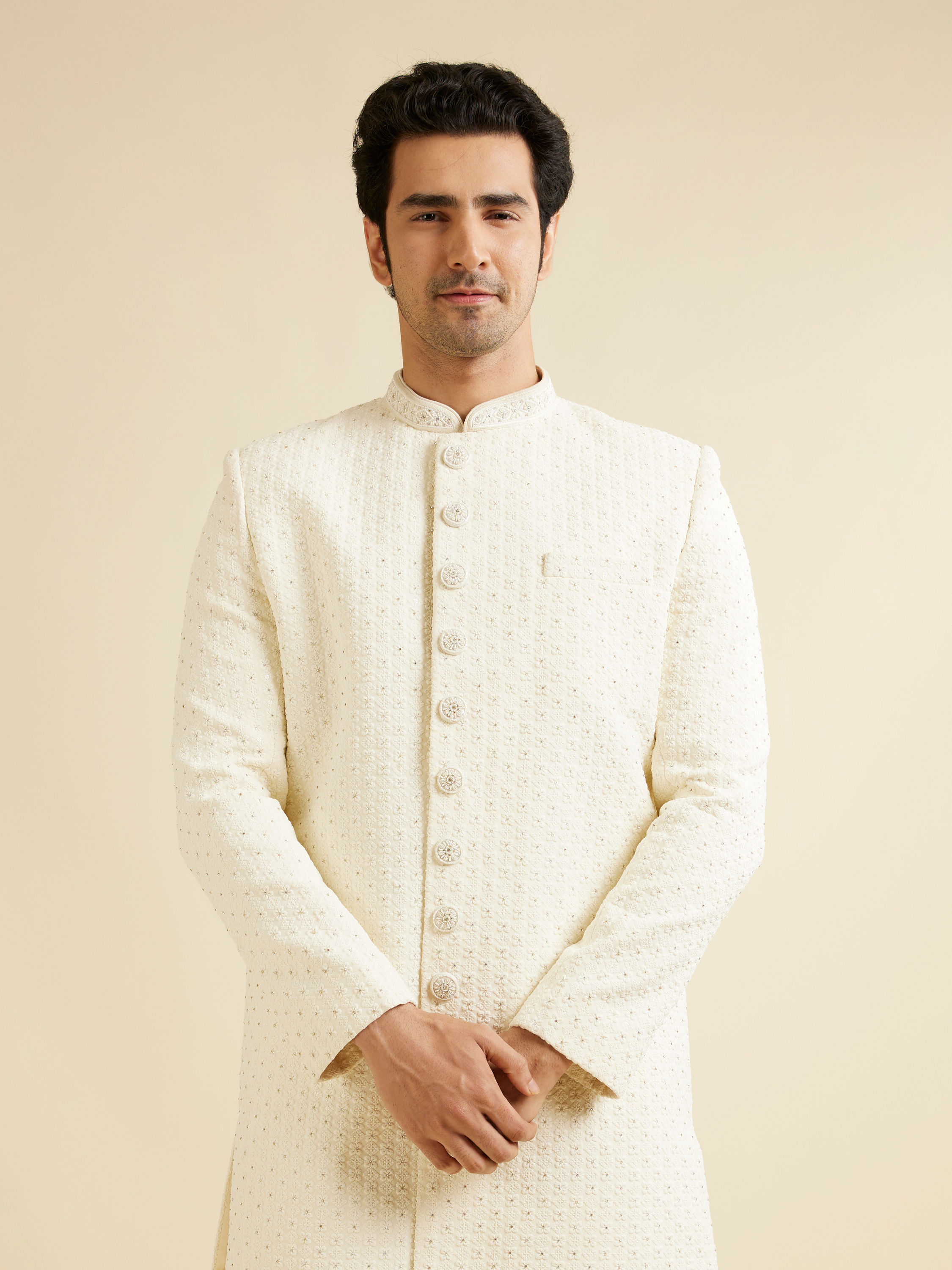 Manyavar Men Cream White Lattice Patterned Sherwani Set with Rhinestones