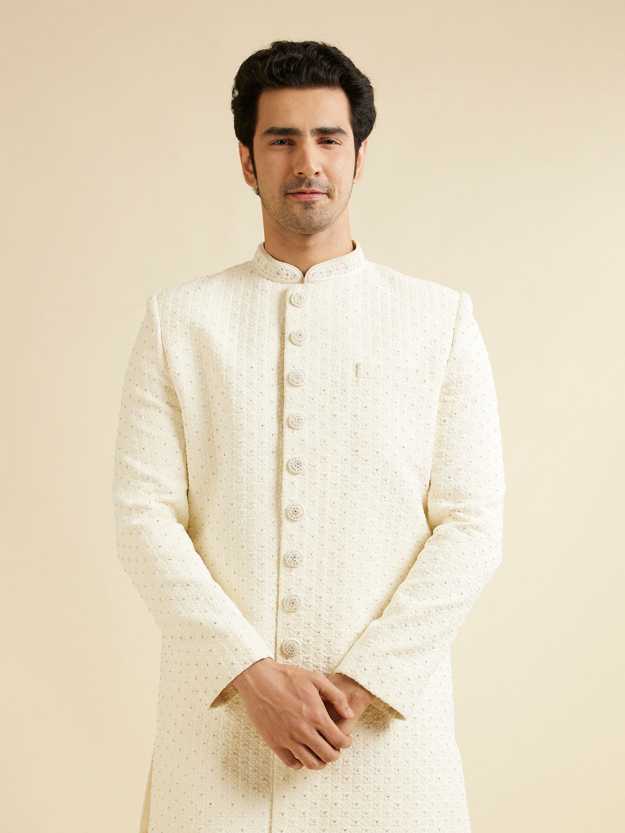 Manyavar Men Cream White Lattice Patterned Sherwani Set with Rhinestones