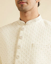 Manyavar Men Cream White Lattice Patterned Sherwani Set with Rhinestones