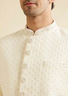 Manyavar Men Cream White Lattice Patterned Sherwani Set with Rhinestones