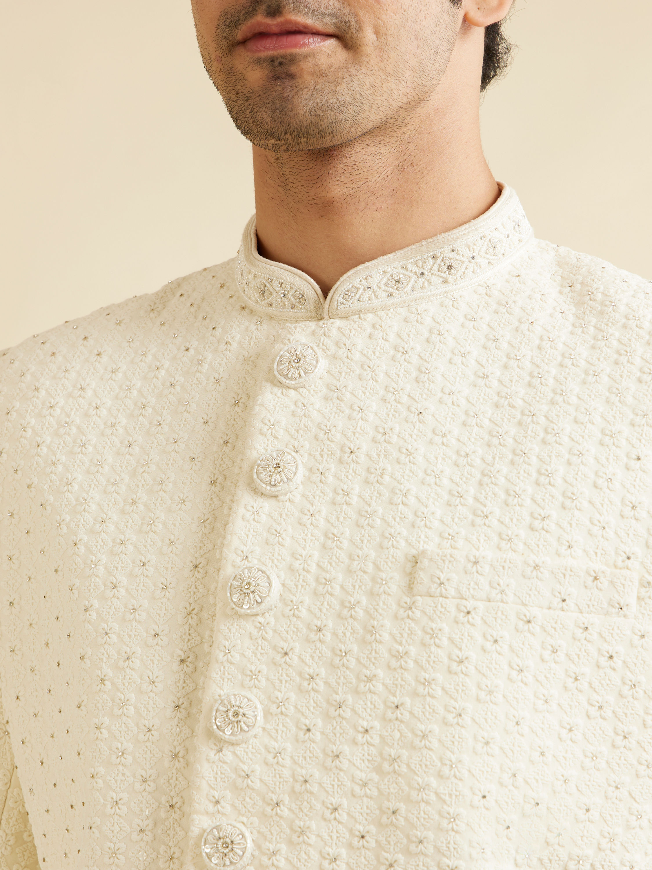 Manyavar Men Cream White Lattice Patterned Sherwani Set with Rhinestones