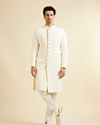Manyavar Men Cream White Lattice Patterned Sherwani Set with Rhinestones