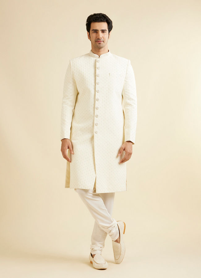 Manyavar Men Cream White Lattice Patterned Sherwani Set with Rhinestones