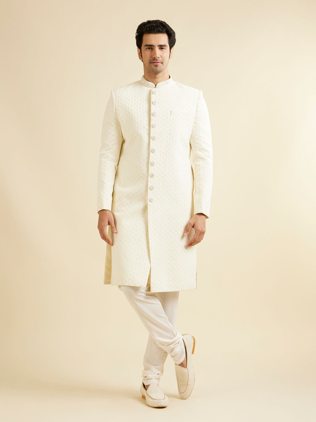 Manyavar Men Cream White Lattice Patterned Sherwani Set with Rhinestones