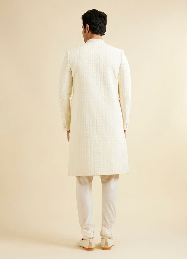 Manyavar Men Cream White Lattice Patterned Sherwani Set with Rhinestones