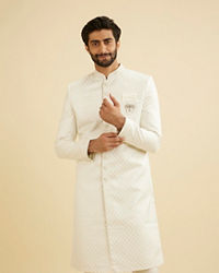 Manyavar Men Warm White Ogee Patterned Sherwani Set with Embellished Collar