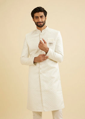 Manyavar Men Warm White Ogee Patterned Sherwani Set with Embellished Collar