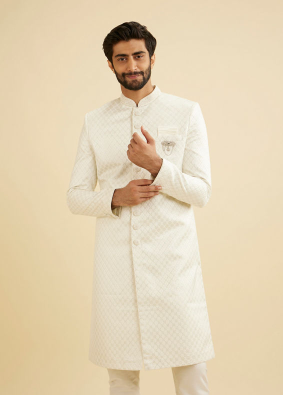 Manyavar Men Warm White Ogee Patterned Sherwani Set with Embellished Collar
