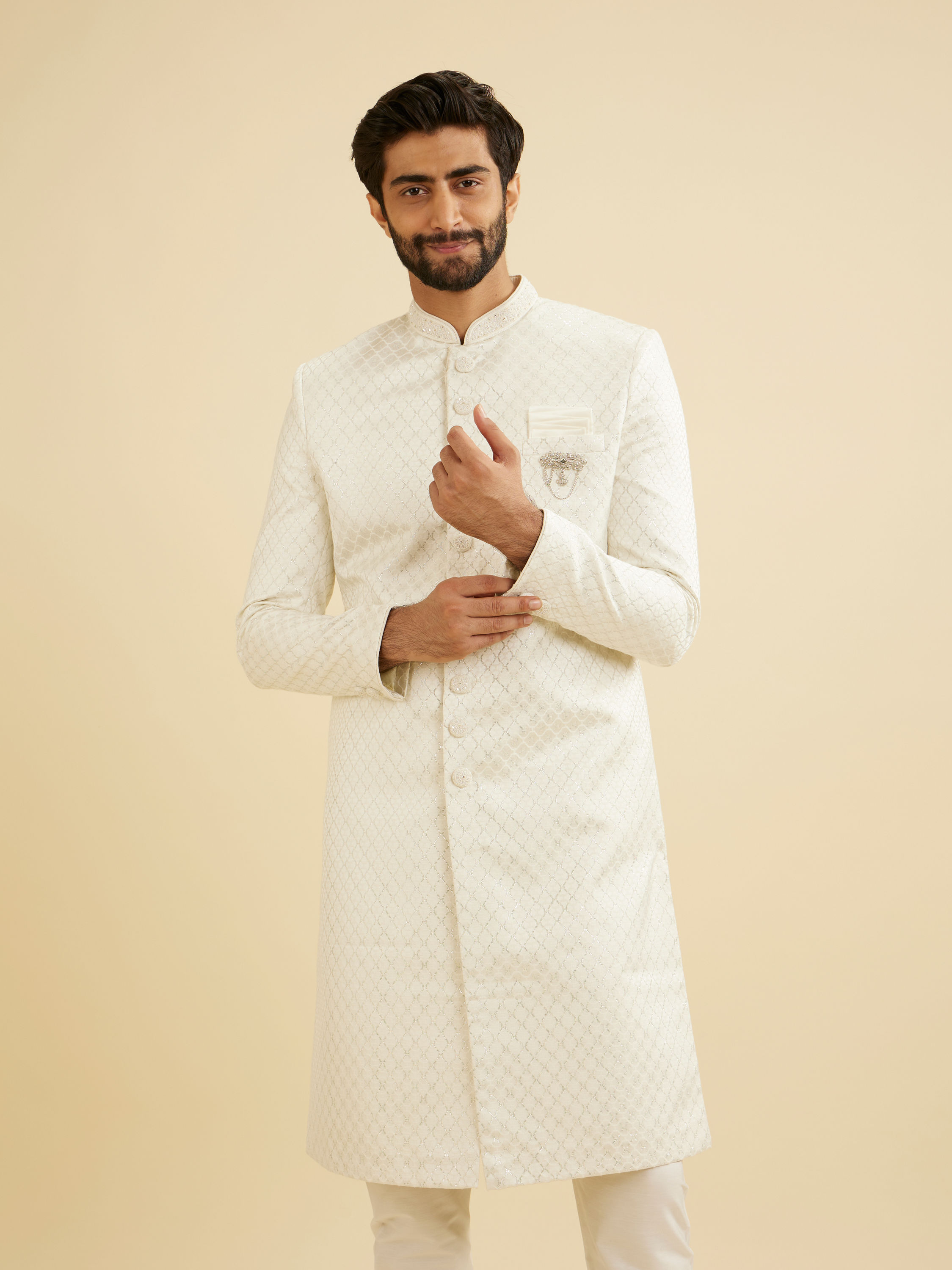 Manyavar Men Warm White Ogee Patterned Sherwani Set with Embellished Collar