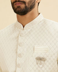 Manyavar Men Warm White Ogee Patterned Sherwani Set with Embellished Collar