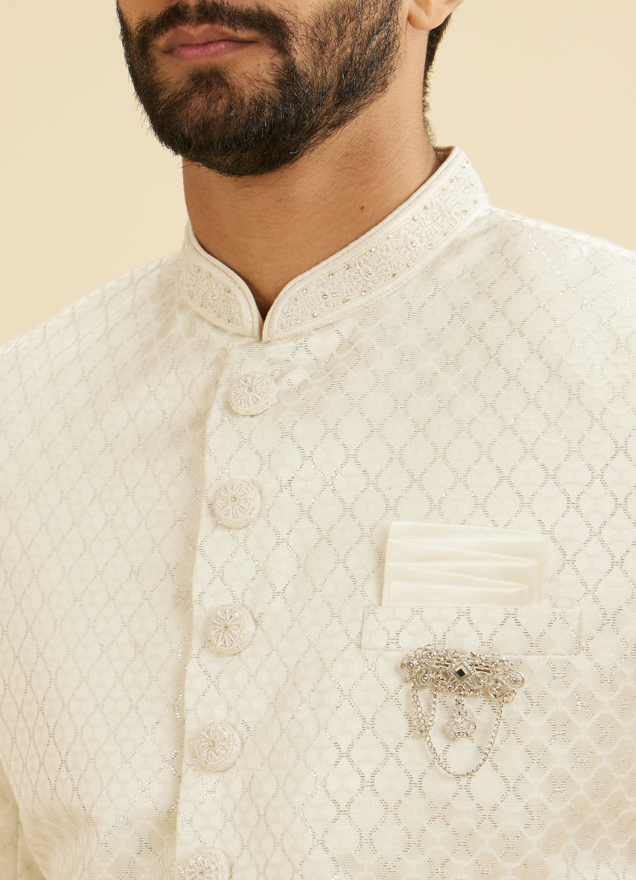 Manyavar Men Warm White Ogee Patterned Sherwani Set with Embellished Collar