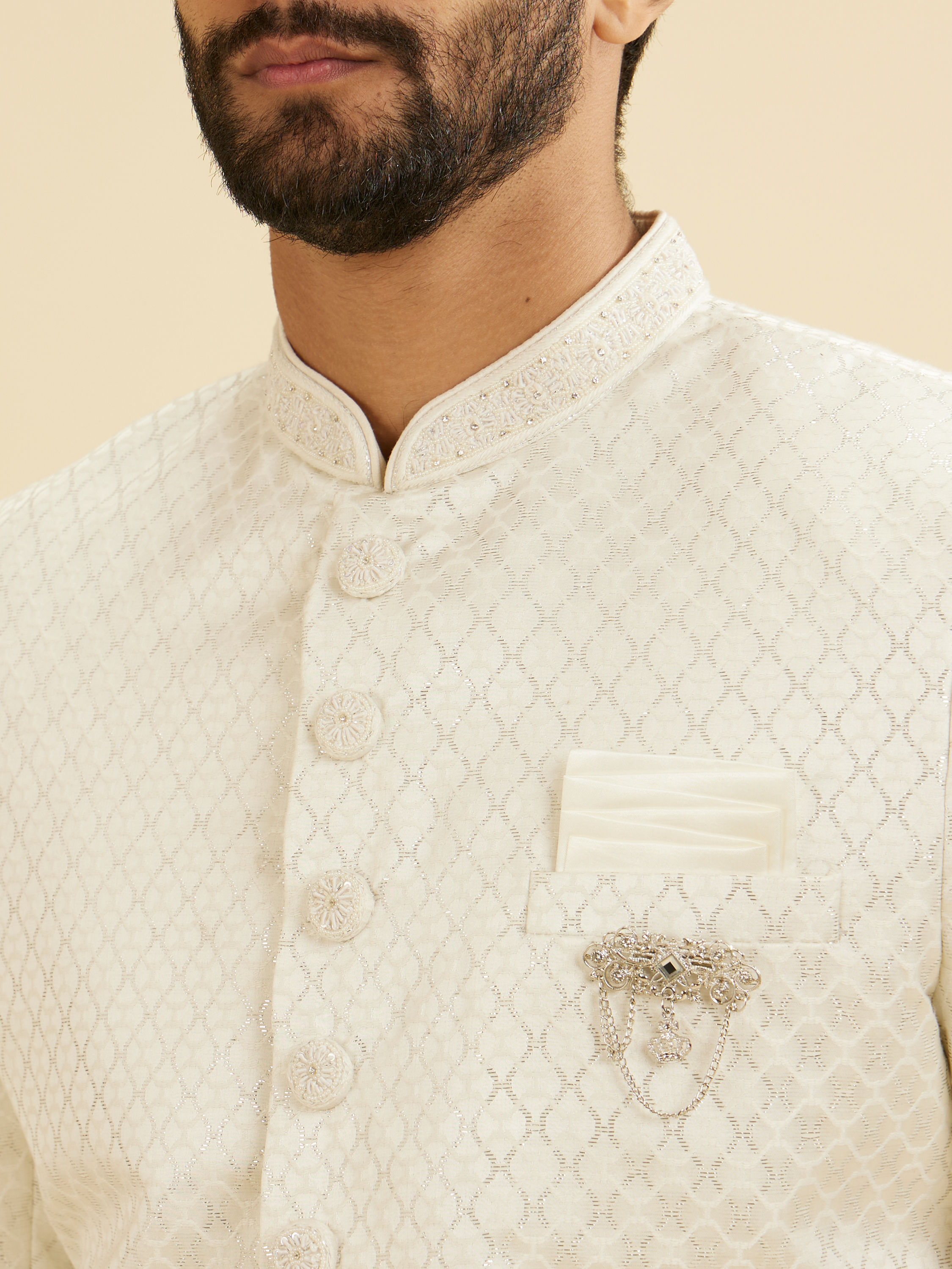 Manyavar Men Warm White Ogee Patterned Sherwani Set with Embellished Collar
