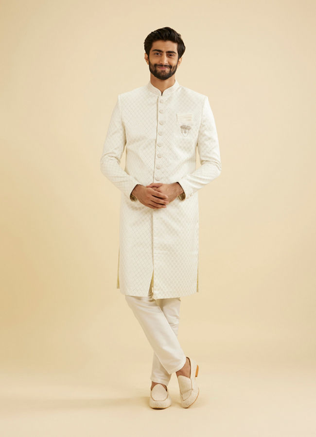 Manyavar Men Warm White Ogee Patterned Sherwani Set with Embellished Collar