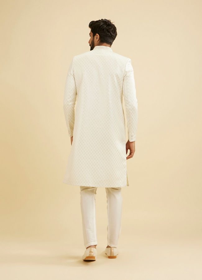 Manyavar Men Warm White Ogee Patterned Sherwani Set with Embellished Collar